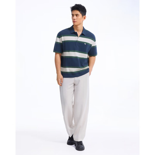 Abercrombie & Fitch Striped POLO Little Elk Pattern Men's 25 Summer American POLO Short Sleeve T-Shirt Navy Blue S (175/92A)
