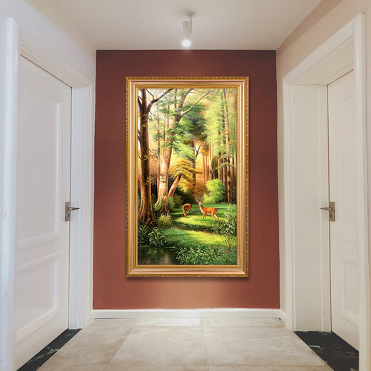 帝旗 高端原创手绘麋鹿风景油画欧式入户玄关装饰画走廊过道挂画竖版 692金实木框 80X160