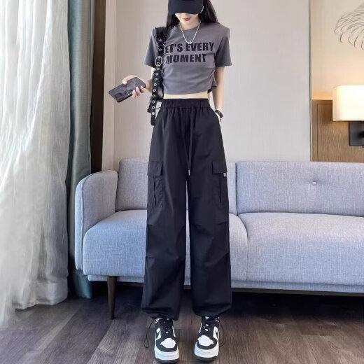 美式工装裤女夏季薄款小个子束脚登山裤休闲宽松阔腿速干运动裤子 黑色 【MY-689】 M