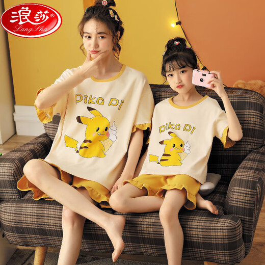 浪莎（LangSha）亲子母女睡衣纯棉夏季薄款短袖可爱卡通网红小女孩女童家居服套装 6624【纯棉 单套的】 S 145-150cm70-85斤