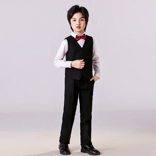 安妮优儿儿童礼服西装套装男童英伦风花童演出服主持人帅气童装 黑色  120
