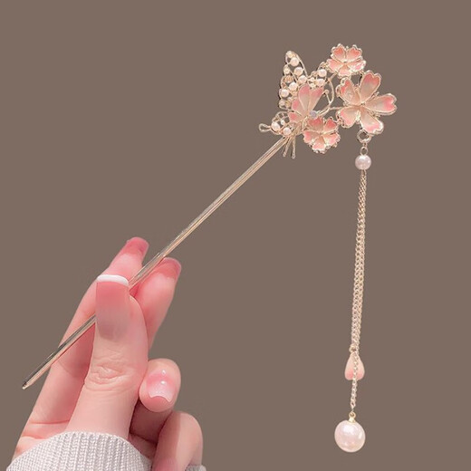 Antique flower hair accessories for women, spring and summer cherry blossom hairpins, high-end Hanfu hairpins, fringed cheongsam hairpins, enamel flower hairpins