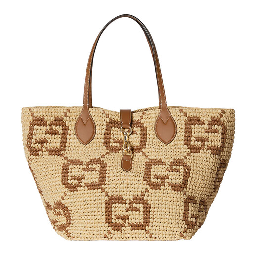 Gucci (GUCCI) Women's Medium Brown Raffia Effect Fabric GG Graphic Underarm Shoulder Bag 8182229AAGM9767 26x28x26cm