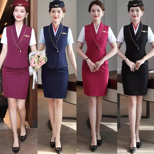 Yuanfeiya Stewardess Professional Wear Feminine Suit Hotel Front Desk Reception Flight Attendant Interview Jewelry Store High-end Work Clothes Burgundy Vest + Skirt + White Shirt L Suitable for 101-110 Jin Jin equals 0.5 kg