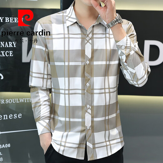 皮尔卡丹（pierre cardin）夏季新款冰丝长袖衬衫男格子休闲衬衣上衣服薄款防晒外套潮流寸衣 灰色 【长袖】719 M 90-104斤