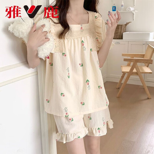 Yalu Pajamas Women's Summer Sweet Princess Style Short Sleeve Shorts Set Summer Women's Internet Celebrity Home Clothes Spring and Summer Outerwear JDX-695 M (Suitable for 75-100 Jin Jin equals 0.5 kg)