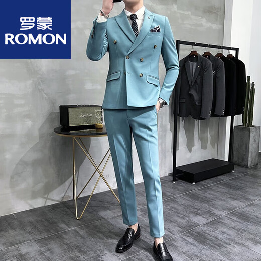 ROMON double-breasted suit men's suit wedding dress slim fit groom's suit men's Korean version trendy British style handsome off-white suit + pants + vest tie 3XL