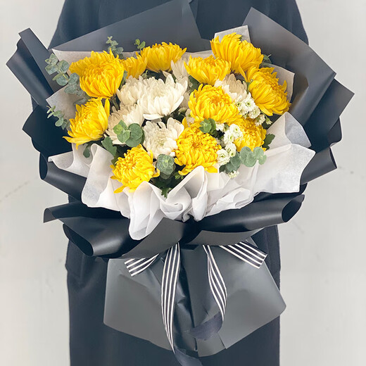 Aitong Flowers intra-city delivery of chrysanthemum bouquets for Qingming and Hungry Ghost Festival memorial services, funerals, tomb sweeping, flowers for visiting graves, mourning, 19 mixed yellow and white chrysanthemum bouquets, intra-city delivery, support for appointment date