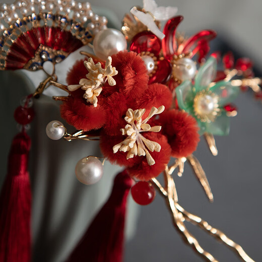 Shijun (SHIJUN) Bridal Toast Wear Red Hair Accessories Xiu Hetou Clothing Step Fan Shape New Chinese Style Hairpin Wedding Dragon and Phoenix Coat Cheongsam Suit