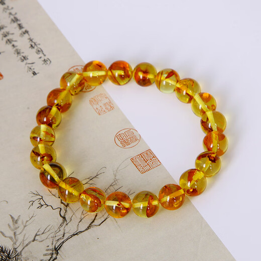 Famous family natural flower amber bracelet for men and women, single circle round bead red leaf explosion amber bracelet birthday gift for girlfriend 9mm