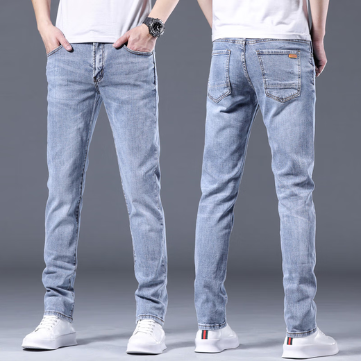 高端牛仔裤男士修身直筒小脚弹力2025夏季薄款休闲裤春秋长裤子男 B13浅蓝色 常规 32 建议130-140斤