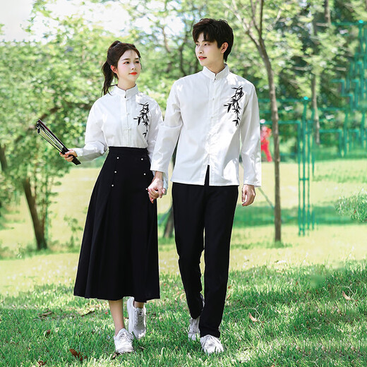 St. Luofeng antique uniforms, middle school student choir performance uniforms, junior high school student class uniforms, poetry recitation red song competition clothing, women's model, black bamboo long-sleeved top + pearl skirt L