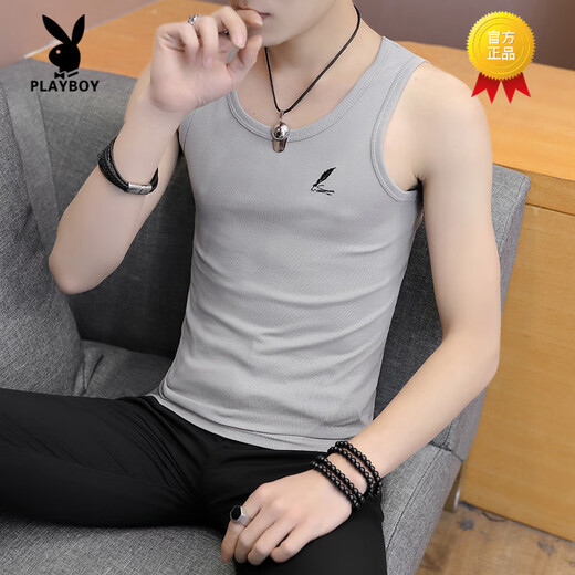 Playboy (PLAYBOY) men's summer pure cotton vest thin tight elastic fitness vest sleeveless sports T-shirt solid color base shirt 6296 black solid color M 80-100Jin Jin equals 0.5 kg