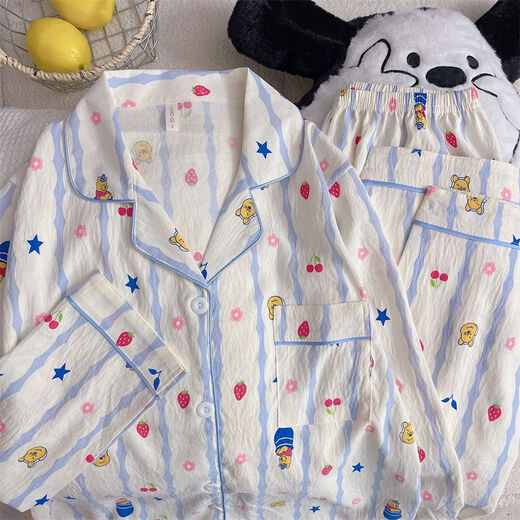Rongxitu (RONGXITU) cloud cotton pajamas for women in spring and autumn Japanese cartoon bear long-sleeved home clothes for outdoor wear 826# blue striped winnie bear 175 L