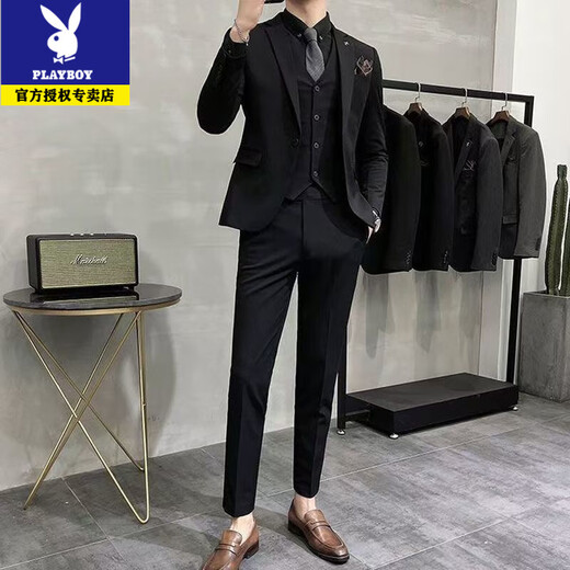 Playboy suit men's high-end business casual suit Korean version slim fit groom and best man wedding dress full set men's black 2-button two-piece set 2XL recommended 135-145Jin Jin equals 0.5 kg