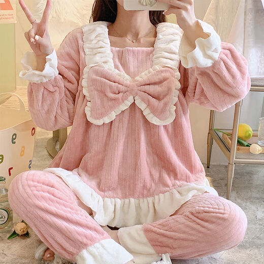 FHHUABD Pajamas Women's Autumn and Winter Flannel Korean Style Sweet Cartoon Princess Style Home Clothes Coral Velvet Thickened Warm Suit 9934 Velvet Pink Bow L