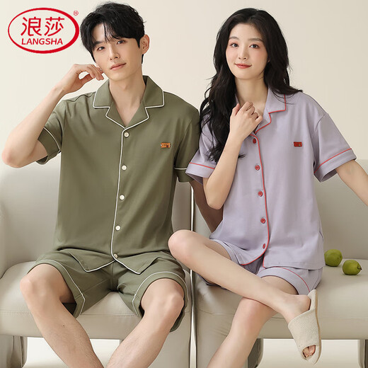 
LangSha (LangSha) high-end couple pajamas pure cotton shorts shorts simple cardigan can be worn on the outside for men and women's cotton home clothes in summer X12706-12806# L women's style