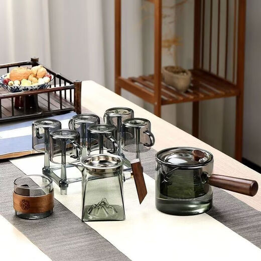 Kung Fu tea set, ash side handle, teapot, glass, high-end tea set, kettle, tea tray, household tea making pot + male cup + tea drain + master cup + 6 cups + cup holder + tea tray