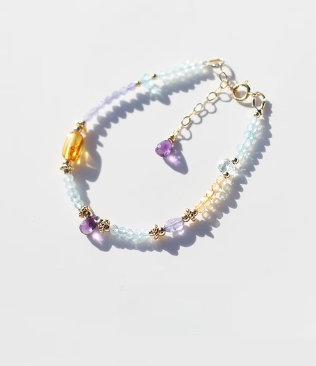 Pop's original design natural amethyst, tanzanite, aquamarine, gold and amber, American 14K gold-filled beaded fortune bracelet, a customized bracelet