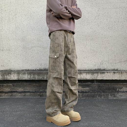 IZEXX Camouflage Work Casual Pants Men's Autumn Retro Versatile Wasteland Style Loose Straight Long Pants IZ53 Khaki 3XL