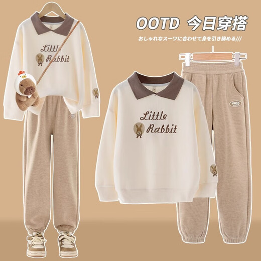 小猪彼特女童春秋套装儿童2025新款新年衣服中大童洋气运动服女孩时髦12岁 4827杏色+16317浅咖色【春秋款】 160 cm