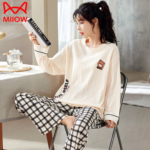 Cat Man (Miiow) Pyjamas en coton pur pour les femmes au printemps et à l'automne de style coréen à manches longues en deux pièces pour les étudiants en été, en automne et en hiver, les vêtements de maison peuvent être portés à l'extérieur de GXT9928 L (recommandé 95-115 Jin [Jin est égal à 0,5 kg]))