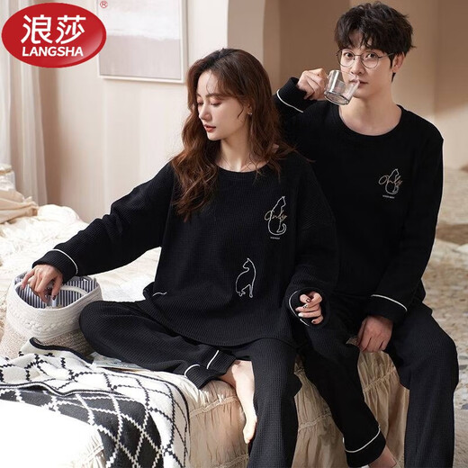 LangSha couple pajamas for one man and one woman spring and autumn pure cotton long-sleeved women's new simple and comfortable spring home wear set ZX3309 couple M female + male XL