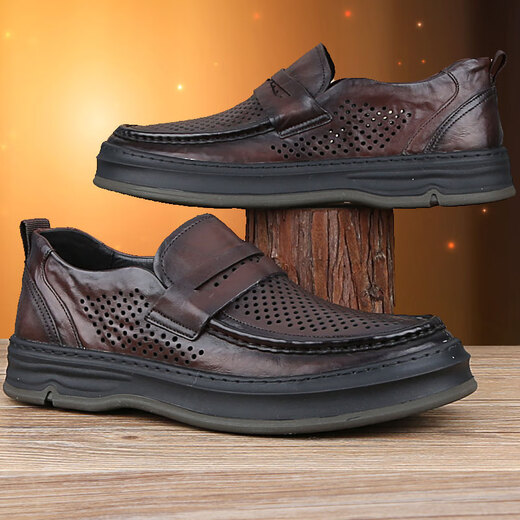 COOKOOS brand summer sandals thick sole genuine leather business casual leather shoes men's hole shoes hollow breathable foot cover big head leather shoes 6173 (black foot cover hollow) 40