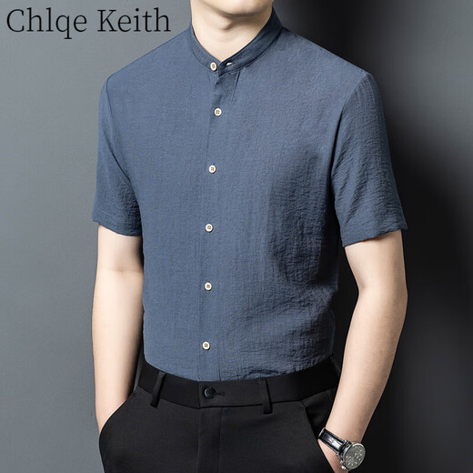 ChlqeKeith men's Henry collar short-sleeved shirt summer new middle-aged dad wear stand-up collar high-end solid color top linen shirt blue 4XL