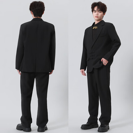 GOKU new Chinese style button suit suit for men Chinese style engagement wedding groom Chinese tunic dress Tang suit suit for men black suit + shirt + pants XL recommended weight 120-135 Jin Jin equals 0.5 kg