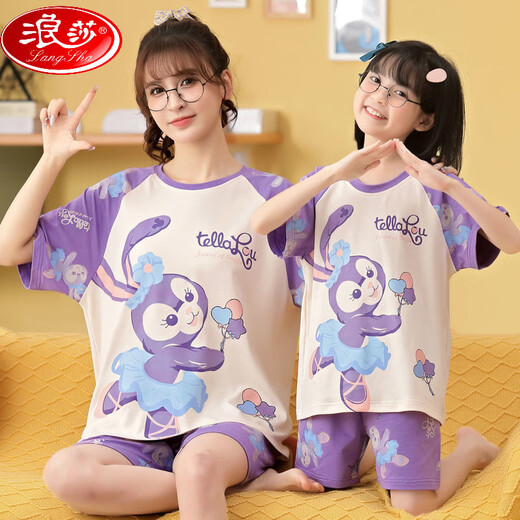 浪莎（LangSha）亲子母女睡衣纯棉夏季薄款短袖可爱卡通网红小女孩女童家居服套装 6624【纯棉 单套的】 S 145-150cm70-85斤