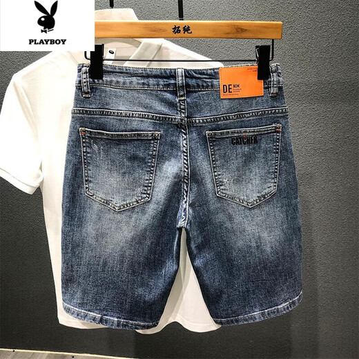 
Playboy 2023 summer denim mid-pants printed trendy brand retro nostalgic washing Korean style slim five-point pants D9901 blue five-point shorts 28