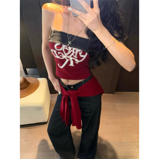Chuangjingyi chooses red denim tube top summer hot girl one-shoulder Thai unique design vest red shawl S
