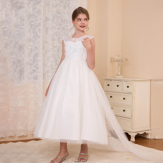 COLORFUL GEMS girls princess dress tutu evening dress European and American style host tail piano performance suit white white one size 8Y