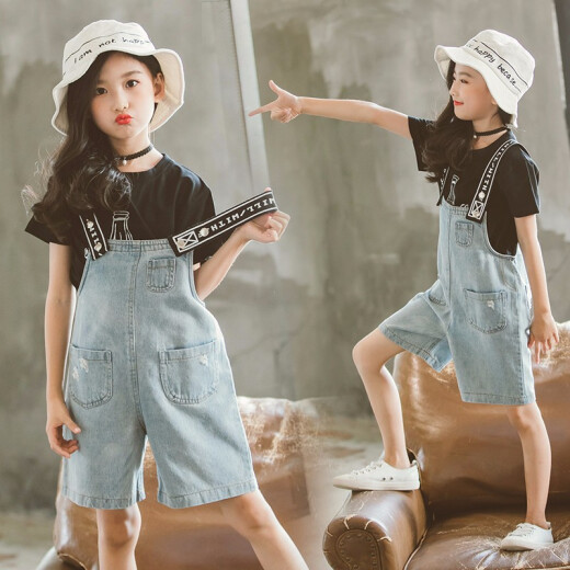 Liumang Beibei Girls Suit 2020 Summer New Style Children's Short-Sleeved T-shirt Denim Bib Shorts Two-piece Set for Big Children Summer Little Girls Trendy Clothes Fashionable Primary School Students Casual Suit Black 160 Size Recommended Height About 150cm