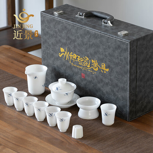 Close-up view of ice-burned orchid picture, jade porcelain Kung Fu tea set, household covered bowl, tea cup, light luxury complete tea set, ice-kind tea set (orchid picture)