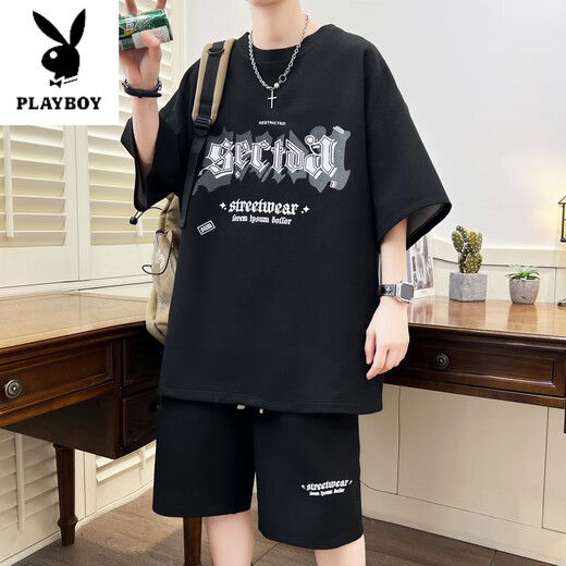花花公子（PLAYBOY）夏季新款短袖t恤男初中高中学生运动套装青少年潮流帅气大童夏装 NZJ-6626白色(上衣+短裤) M 75至105斤