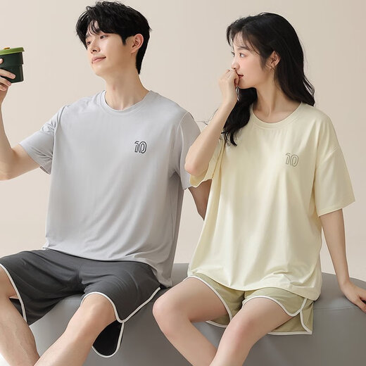 莫代尔夏季男士睡衣男情侣款女士带胸垫短袖短裤夏天凉感休闲家居服套装 01N15801女 01N15601男 XL 男- 120-140斤