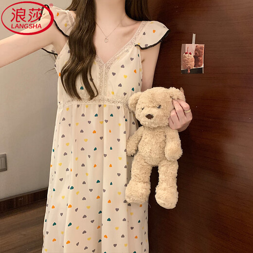 浪莎（LangSha）带胸垫吊带睡裙女夏季新款甜美风小飞袖法式连衣裙睡衣家居服外穿 9904 带胸垫款 M