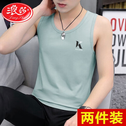 LangSha solid color vest for men in summer slim round neck letter printed base shirt casual sports fashion fitness vest 9793 black + 9228 white S recommended 70-90Jin [Jin equals 0.5 kg]