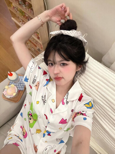 蜡笔小新睡衣日系三件套蜡笔小新睡衣女夏季天薄款短袖长裤可爱的 kk-14101短袖三件套 M  码建议80-100斤