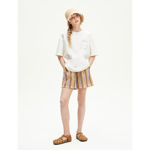 ELLE KIDS children's clothing 80S liquid ammonia hot diamond short-sleeved T-shirt girls summer new casual holiday loose top white 130