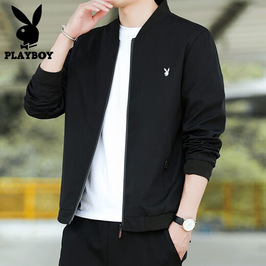 Playboy New Men's Jacket Spring and Autumn Jacket Men's Casual Slim Top Thin Breathable Baseball Uniform Work Wear Trendy and Versatile 2030 Black (Spring and Autumn Style) XL 120-135Jin Jin is equal to 0.5 kg