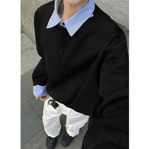 Jufeng fake two-piece polo shirt sweatshirt men's American heavy henley collar long-sleeved T-shirt design high-end handsome jacket black M (suitable) 100-115Jin Jin is equal to 0.5 kg