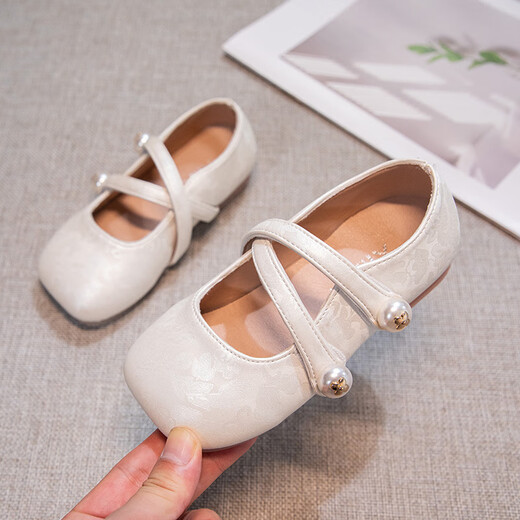 Ershanji Girls' Hanfu Shoes Children's Horse Face Skirt Single Shoes Spring and Summer Soft Soled National Style Shoes Small Leather Shoes Ancient Style Children's Shoes Embroidered Shoes National Style Small Leather Shoes Beige Size 34 Inner Length 20.8cm
