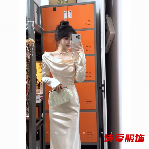 Stunning elegant ladylike ladylike chic banquet dress one-shoulder swing collar dress women's slim fishtail skirt dress S