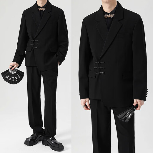 GOKU new Chinese style button suit suit for men Chinese style engagement wedding groom Chinese tunic dress Tang suit suit for men black suit + shirt + pants XL recommended weight 120-135 Jin Jin equals 0.5 kg