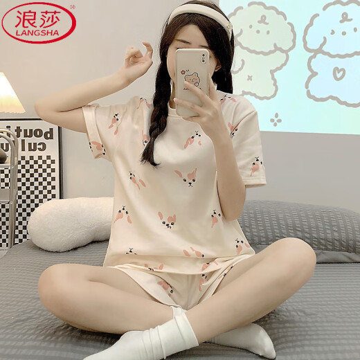 浪莎（LangSha）夏季女睡衣新款棉质夏天2025ins卡通印花圆领套头短袖爆款可外穿 1048紫兔 M (适合80-95斤)