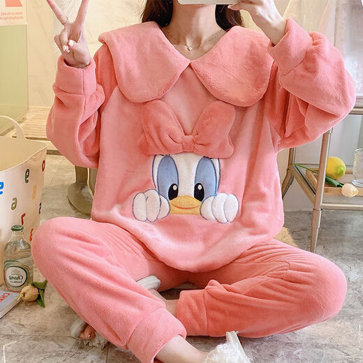 FHHUABD Pajamas Women's Autumn and Winter Flannel Korean Style Sweet Cartoon Princess Style Home Clothes Coral Velvet Thickened Warm Suit 9934 Velvet Pink Bow L