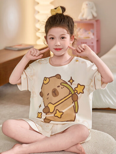 Mädchen Pyjamas Sommer 2025 Neues Kapibala reines Baumwoll große Kinderheimkleidung kurzärmelige Mädchen Sommer dünner Stil N829 Pacha 100 cm/8 Größe [Höhe 85-102 cm]